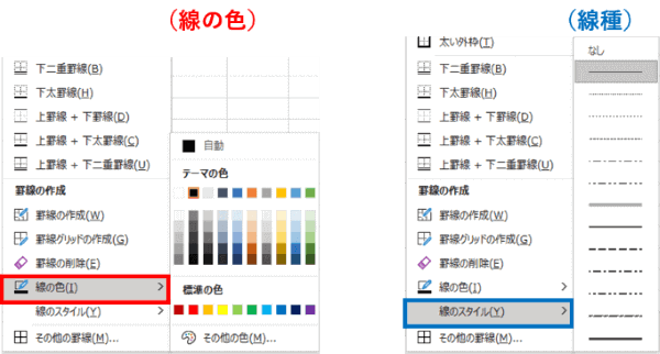 線の色と線のスタイルメニュー