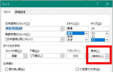 フォントタブ　傍点の位置