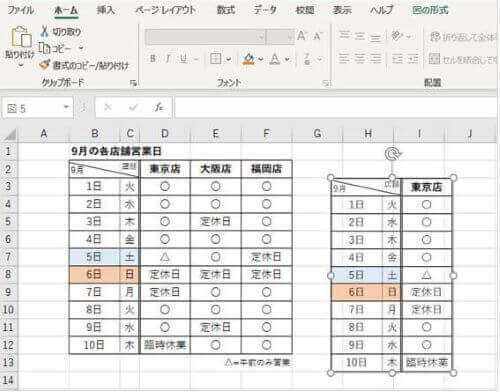 表の一部を範囲選択して図としてコピーしたところ