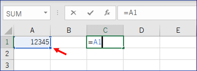 C1に=A1まで入力したところ