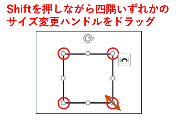 Shiftを押しながら縦横比を変えずに拡大縮小するところ