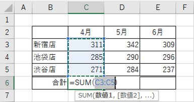 合計を求めるセルを選択しオートSUMをクリックしたところ