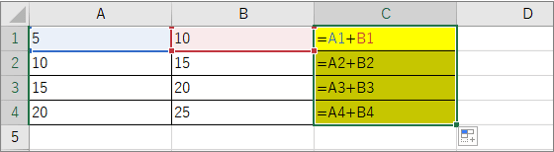 C2～C4まで数式がコピーされた状態