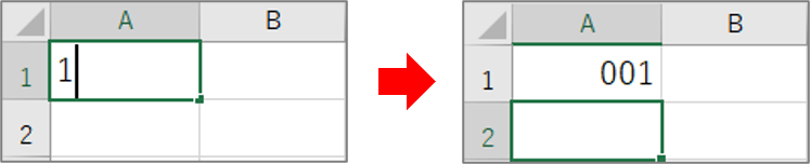 1を入力して「001」と表示されたところ