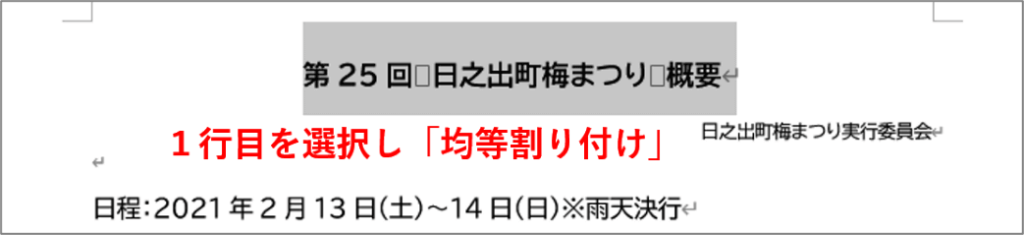 １行目の段落を全選択して均等割り付けを行うところ