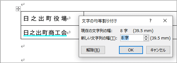 「文字の均等割り付け」ダイアログボックスを表示したところ