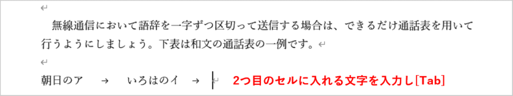 2文字目とタブを入力したところ