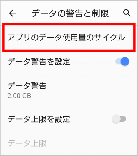 アプリのデータ使用量のサイクルの位置