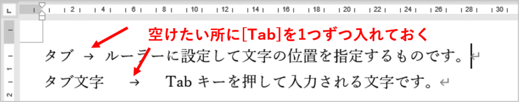 先にタブを入力した文章を作成したところ