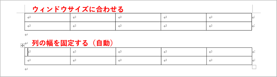 ウィンドウサイズに合わせると列の幅を固定するを設定した表