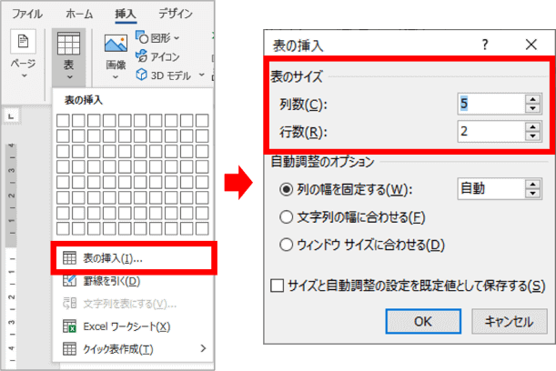 表の挿入ダイアログボックスの図