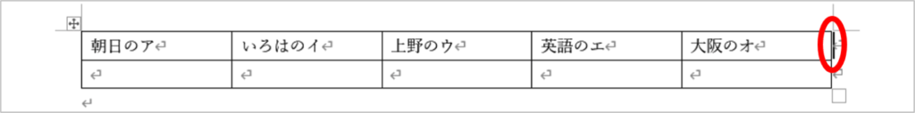 方向キーで表外の段落記号にカーソルが移動したところ