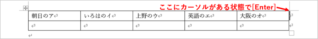 表外にカーソルがある状態でEnterキーを押すところ