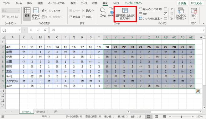 表の一部範囲を選択後に選択範囲に合わせて拡大/縮小をクリックする