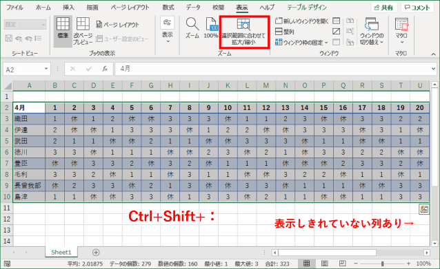 ウィンドウサイズに収まりきらない表を選択して縮小するところ