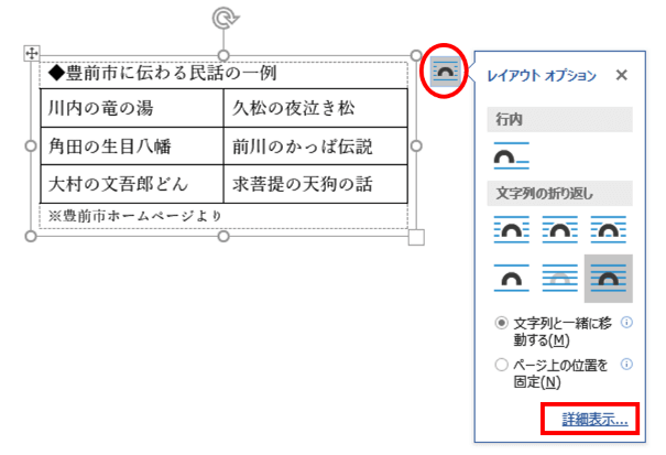 レイアウトオプションの詳細設定の位置