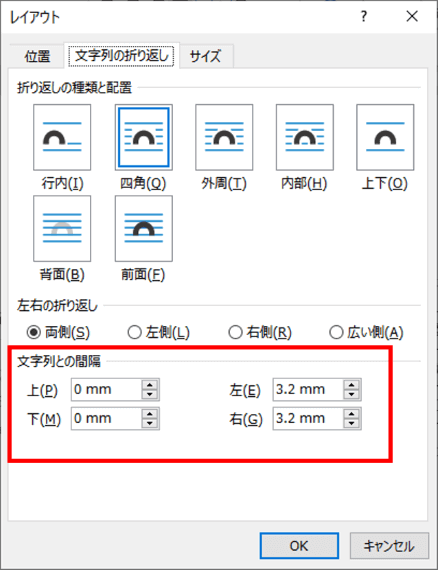 文字列との間隔の位置