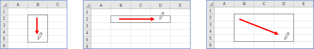 縦、横、斜め方向にドラッグした例