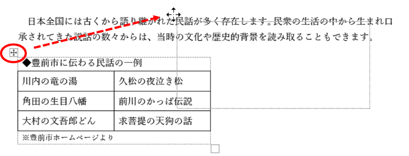 表をドラッグして移動するところ