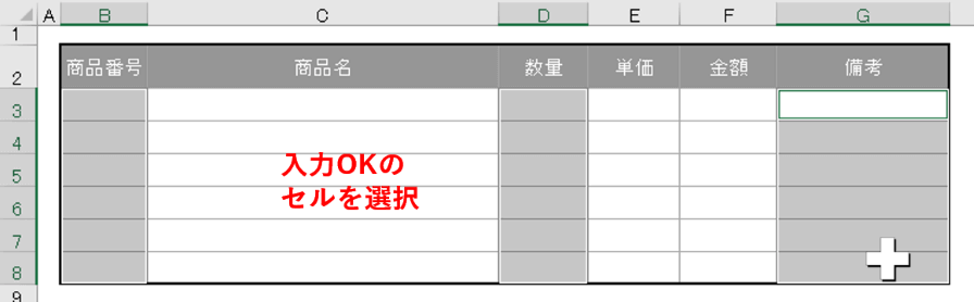 B、D、G列をドラッグで選択したところ