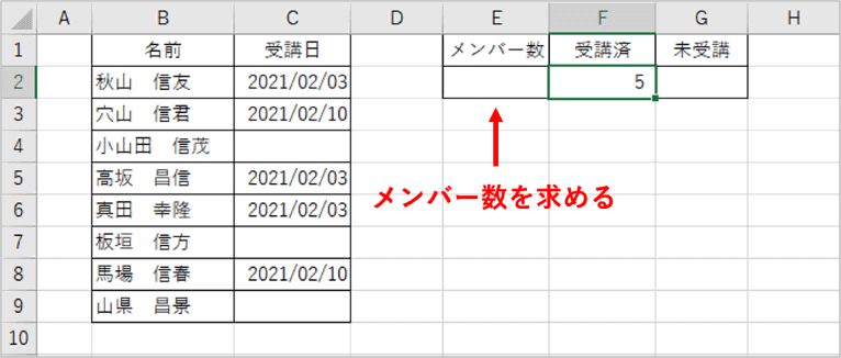 メンバー数を求めるセル位置