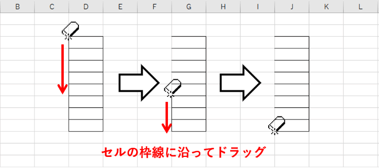 セルの枠線上をドラッグして消す