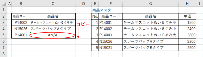 範囲を相対参照にして数式コピー後にエラーになった例