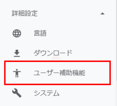 詳細設定　ユーザー補助機能