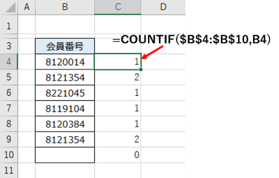 COUNTIFで重複する値を数えた結果