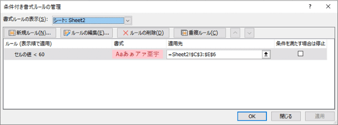 シートを切り替えて条件付き書式のルールを表示したところ