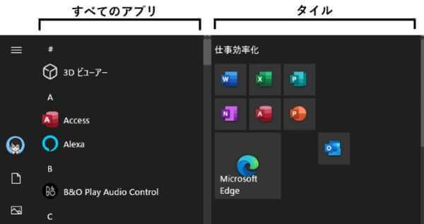 アプリ一覧とタイルエリア