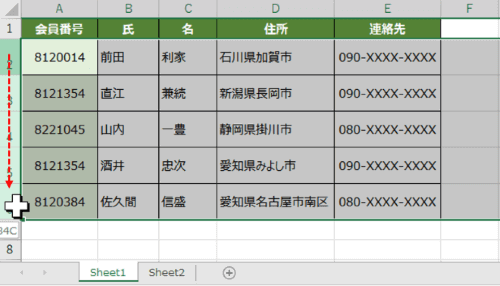 2行目から6行目を行選択したところ