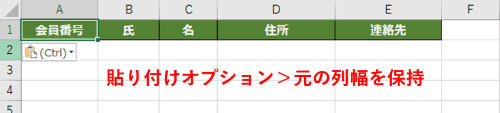 見出しをSheet2に貼り付けしたところ