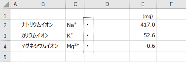 セルに中点を1つずつ入力したところ