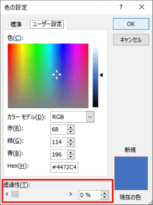 色の設定ダイアログボックス　透明度