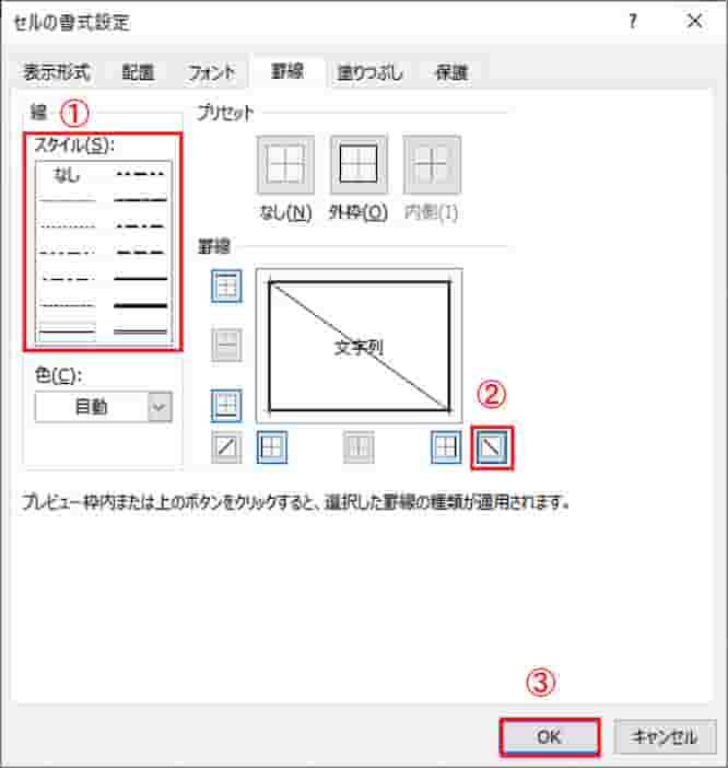 セルの書式設定　斜め罫線を挿入