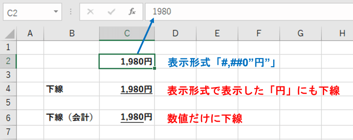 表示形式で単位や助数詞をつけた値の下線適用例