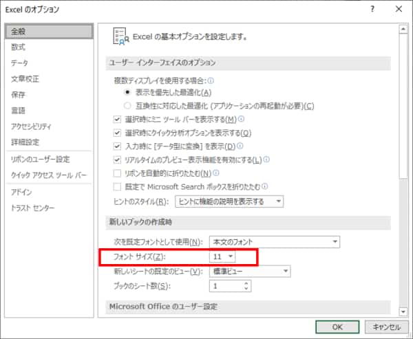 Excelのオプション　フォントサイズ