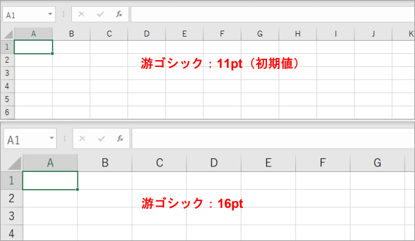 既定のフォントサイズ　11ptと16ptの比較