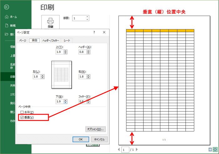 ページ中央　垂直にチェック　表が縦中央位置になった状態