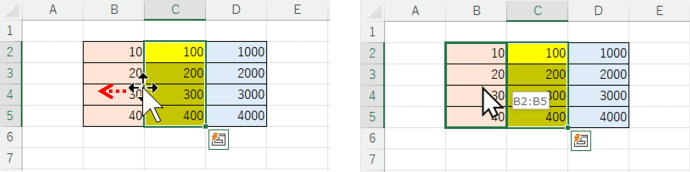 C2からC5を範囲選択してB列へドラッグ