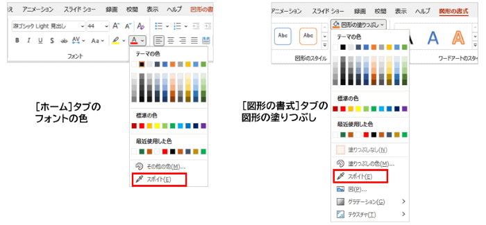 フォントの色、図形の塗りつぶしのスポイトツール