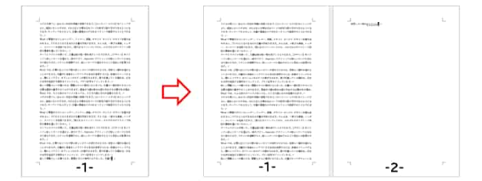 1ページに入りきらない文字が2ページ目に入力された状態