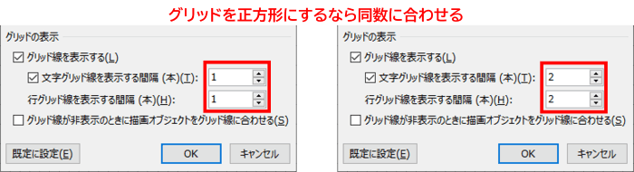 文字・行のグリッド線を表示する間隔　同数に設定