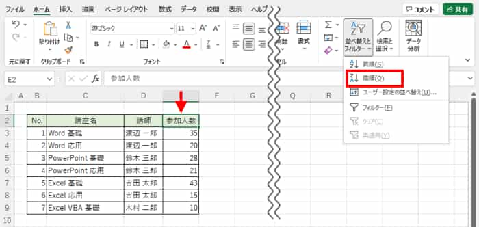 参加人数　降順で並べ替え