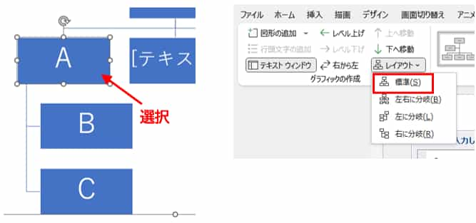 分岐の起点の図形を選択　レイアウト　標準を適用