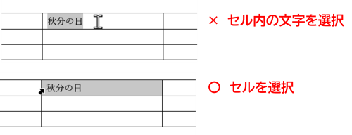 セル内の文字選択とセルの選択の違い