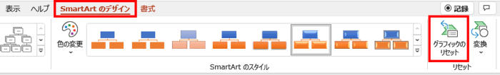 Smartartのデザインタブ　グラフィックのリセット
