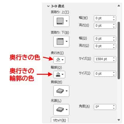 奥行きの色と奥行きの輪郭の設定ボタン