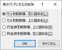 表の行/列/セルの削除ダイアログボックス